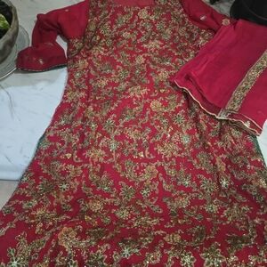 Elegant Red and Gold Embroidered Wedding Dress